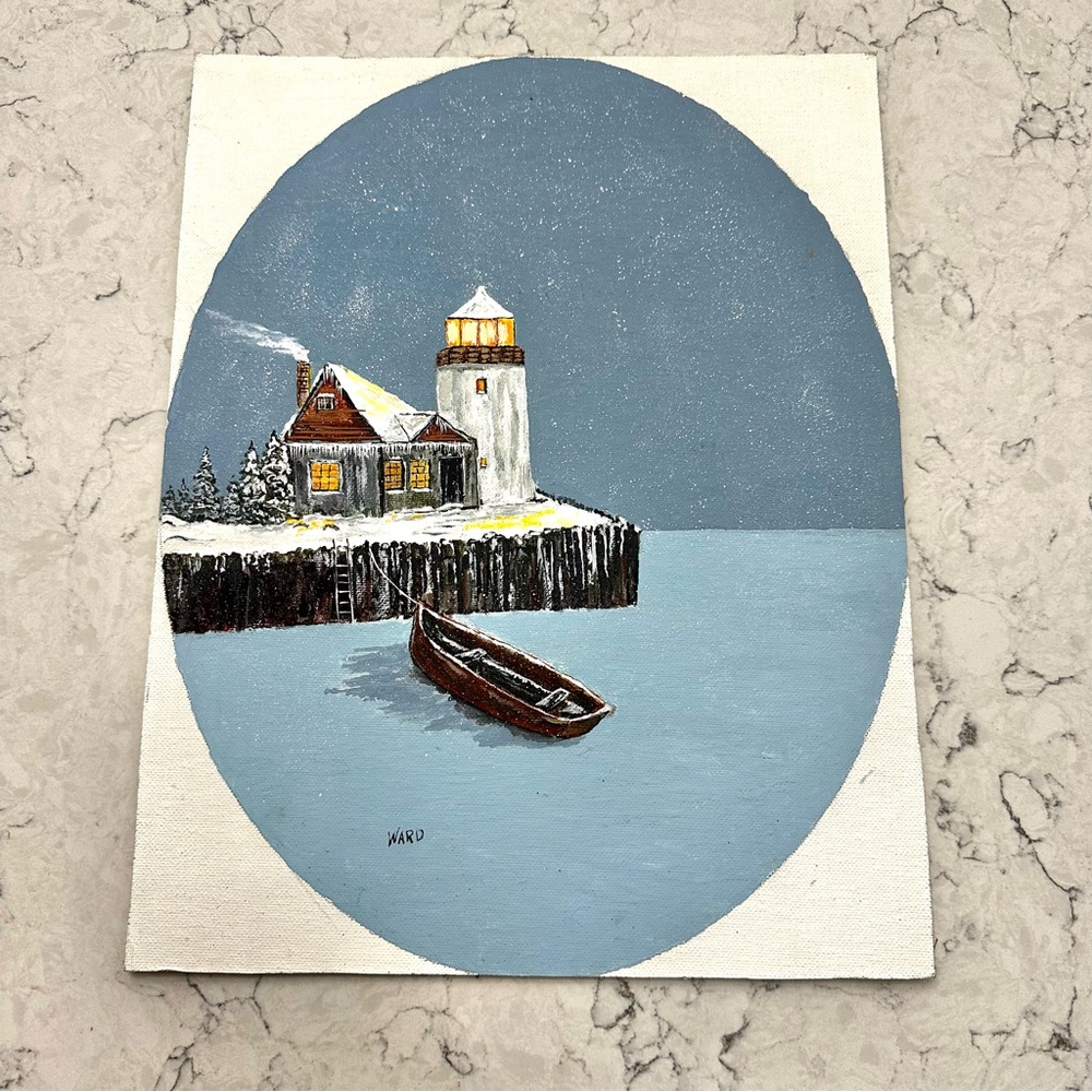 Winter Snowy Night Light House Row Boat Painting Oil Canvas 11x14 Signed